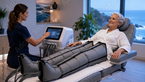 Senior woman enjoying pneumatic compression therapy at luxury seaside wellness spa
