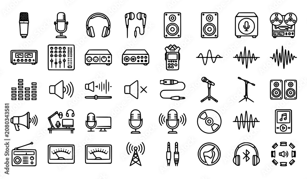 Fototapeta premium Speech and Audio Technology Icons Microphone Headphone and Voice Recognition Vector Outline Set