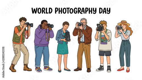 Billede på lærred World Photography Day Celebration: A diverse group of individuals, each holding a camera, stand together to celebrate World Photography Day, showcasing a passion for capturing moments