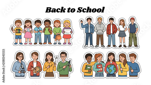 Schilderij op canvas Back to School Collection: A vibrant assortment of illustrations featuring diverse students and teachers, ready for the new academic year with books, art supplies, and globes