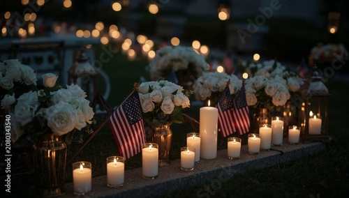 Memorial Event With Candles and Flowers at a Grave Site During the Evening