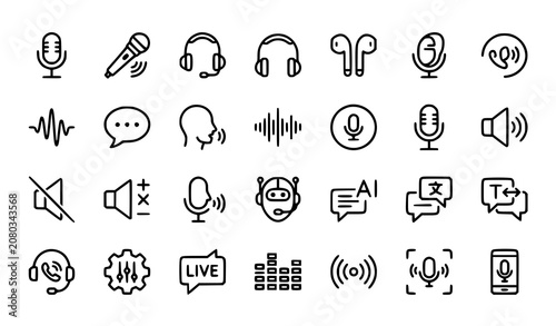 Cuadro en lienzo Speech and Audio Technology Icons Microphone Headphone and Voice Recognition Vec