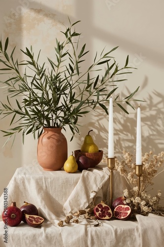 Plants, Fruits, and Candles Arranged on a Table in a Room With Warm Lighting ...