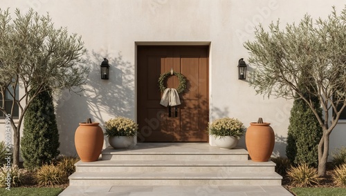 Brown Front Door With Wreath and Plants in Pots on Stone Steps