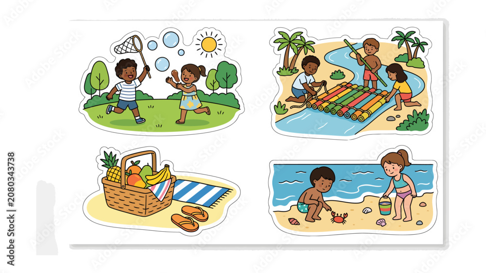 Fototapeta premium Summer Fun Montage: A collection of four vibrant illustrations capturing the essence of summer activities: children blowing bubbles in a park, kids building a raft on a river.