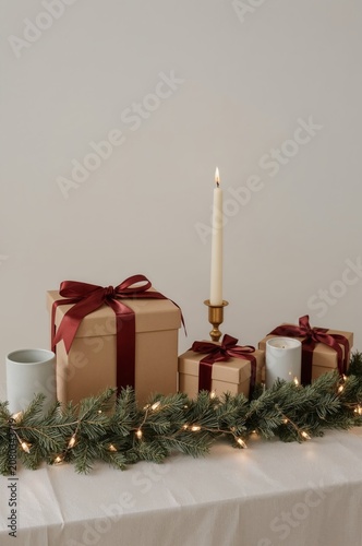 Presents and Candle on a Table With Lights and Green Branches for a Holiday C...
