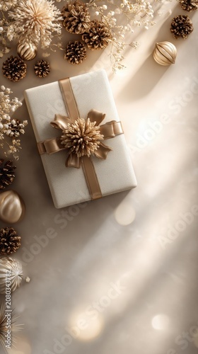 Elegant wrapped gift surrounded by decorative elements for a festive occasion