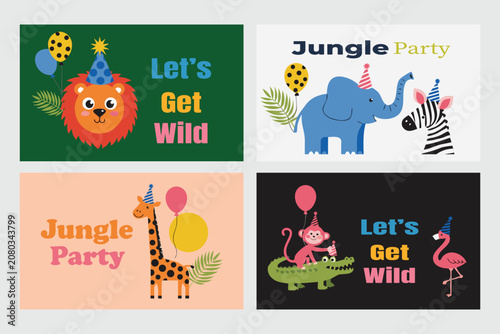 Canvas Print Cute Jungle Safari Animals Birthday Invitation Cards Cartoon Wildlife Party Banner Templates Set
