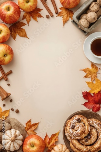 Fall Harvest Display With Apples, Cinnamon, and Baked Goods on a Table