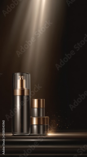 Elegant vertical skincare display with deep dark aesthetics and subtle lighting effects