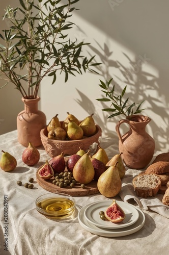 Fresh Fruits and Bread on a Table With Pottery and Olive Oil During Daylight