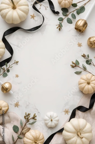 Decorative Autumn Setup With White Pumpkins and Greenery on a Marble Surface