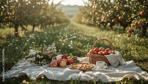 Fresh Apples and Pie at a Picnic in an Apple Orchard During the Afternoon