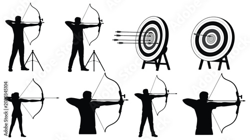 Foto Archery silhouette icons showing archer stance, aiming posture, and target board