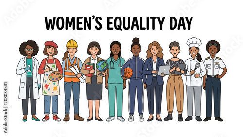 Photos Women's Equality Day Celebration: A diverse group of women in various professions stand together, celebrating Women's Equality Day, symbolizing empowerment and equal opportunity
