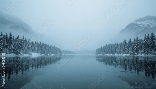 View Across a Lake Surrounded by Pine Trees With Snow and Fog in the Mountain...