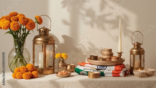 Decorative Setup With Flowers, Candles, and Tableware in a Bright Room During...
