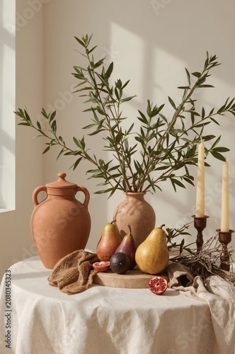 Arrangement of Clay Jars and Fruits on a Table With Branches and Candles by t...