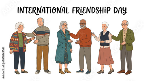 Cuadro en lienzo Celebrating International Friendship Day: A diverse group of elderly friends, each with unique styles and expressions, share a warm handshake and embrace