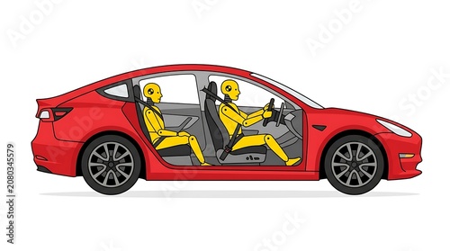 Illustrative diagram showing crash test dummies positioned in a red sedans interior for safety testing.