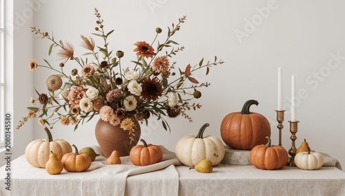 Fall Decor With Pumpkins and Flowers on a Table in a Bright Room During Autumn