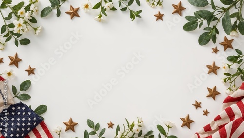 Red, White, and Blue Decorative Arrangement of Leaves, Flowers, and Stars on ...
