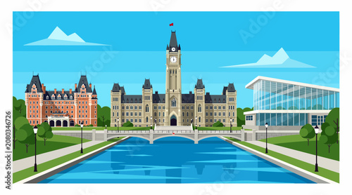 Ottawa Parliament Hill Buildings and Canal Vector Illustration
