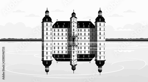 Monochrome Castle Reflection on Water Surface