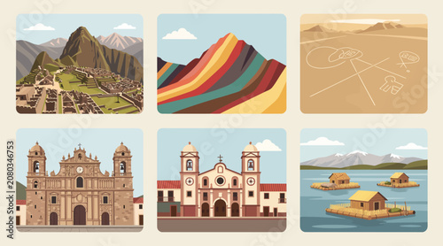 Peru Travel Icons: Machu Picchu, Rainbow Mountain, Nazca Lines