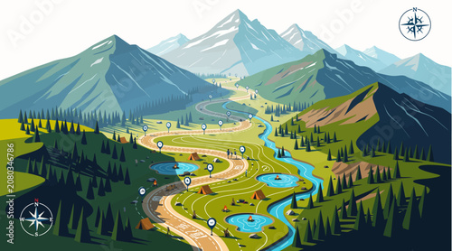 Scenic mountain landscape with winding road, river and camping spots