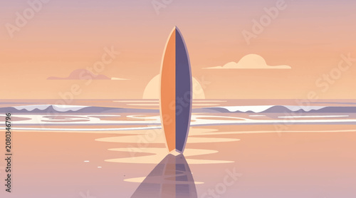 Surfing board on calm beach at sunset, pastel sunset ocean landscape