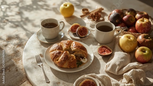 Enjoy a Morning With Coffee, Pastries, and Fresh Fruits on a Table
