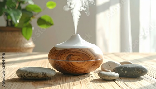 Aromatherapy essential oil diffuser on wooden table.