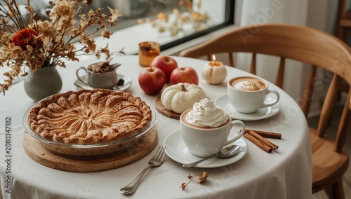 Warm Drinks and Fresh Pie on a Table With Apples and Decorations in a Cozy In...