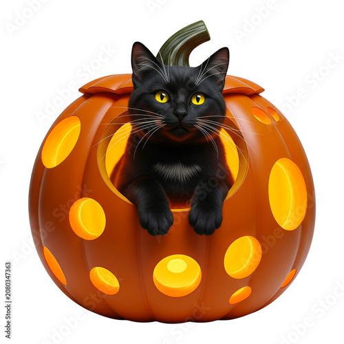 Black kitten peeking out of a glowing carved pumpkin lantern decoration for Halloween on a transparent background
