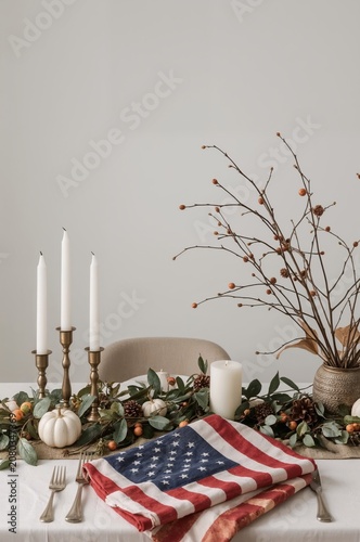 Table Setting for a Gathering With Simple Decor and Patriotic Touches in an I...