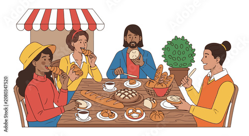 Diverse group enjoying fresh baked goods and coffee at a charming bakery cafe, featuring warm colors and a friendly, communal atmosphere.