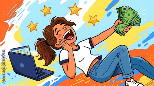 A cheerful cartoon woman lying on the floor, laughing while holding a piece of broccoli near a laptop.