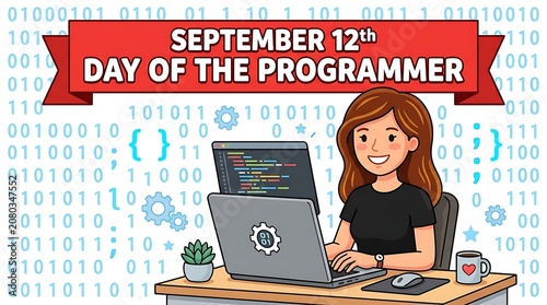 A cheerful woman working at a laptop amid a vibrant digital background featuring binary code and tech symbols. day of programmer