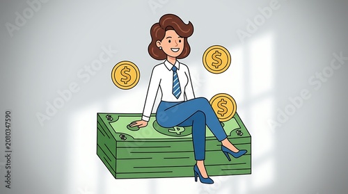 Illustrated woman relaxed on a stack of money, surrounded by floating coins in a light filled room.