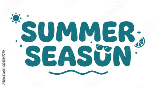 Konstfotografi Summer Season Typography: A fun and vibrant typographic design announces the arrival of the summer season, complete with sun, sunglasses, and a slice of citrus