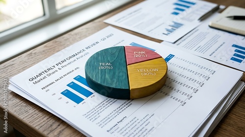 A wooden desk displays an open notebook with a pie chart, bar graph, and handwritten notes under natural lighting.