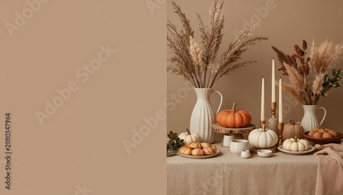 Decorative Table Setup With Pumpkins and Flowers Arranged for a Fall Gathering
