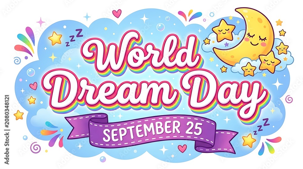 Fototapeta premium Vibrant graphic design featuring whimsical clouds, a crescent moon, and playful text celebrating a special date. world Dream Day sept 25