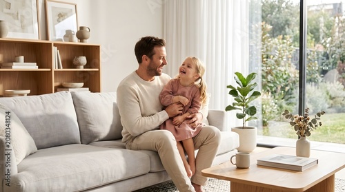 Happy father and daughter laughing together on a comfortable beige sofa in a bright room