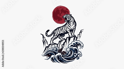 Canvas Print Red rooster standing on a rock illustration.