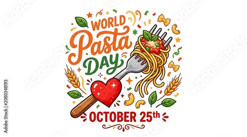 Vibrant flat design featuring pasta, heart, and date elements emphasizing culinary celebration and festivity. world pasta day oct 25th