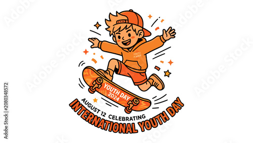 Fotografie Skateboarder's Joyful Ride for International Youth Day: An energetic young boy in a vibrant orange hoodie and cap rides a skateboard with exuberance