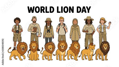 Canvastavla World Lion Day Celebration: A vibrant illustration depicting World Lion Day, showcasing a diverse group of conservationists standing proudly alongside majestic lions
