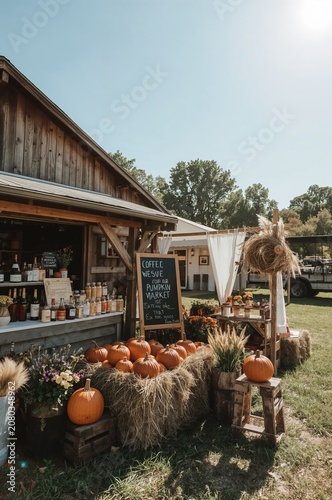 Pumpkin Market Stall Displays Pumpkins and Local Products in a Sunny Outdoor ...